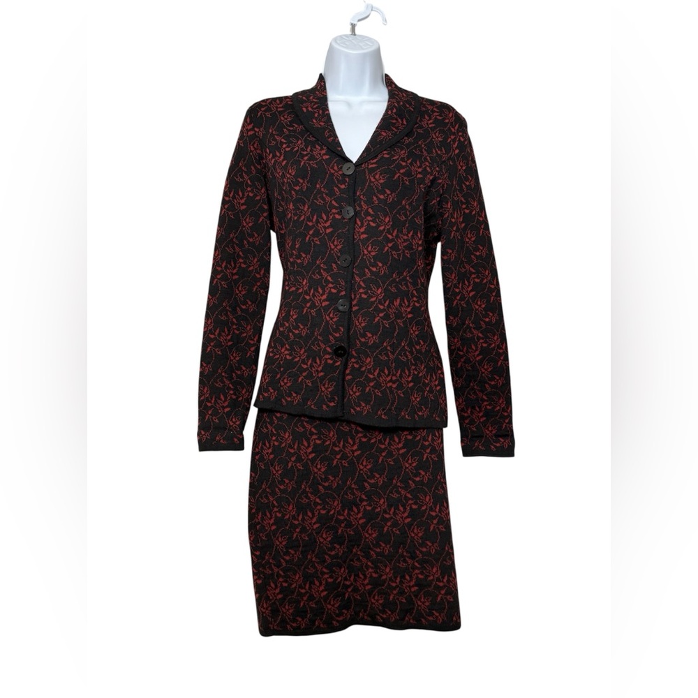 Peruvian Connection Knit Blazer Skirt Set Baby Alpaca Silk Dark Floral Small